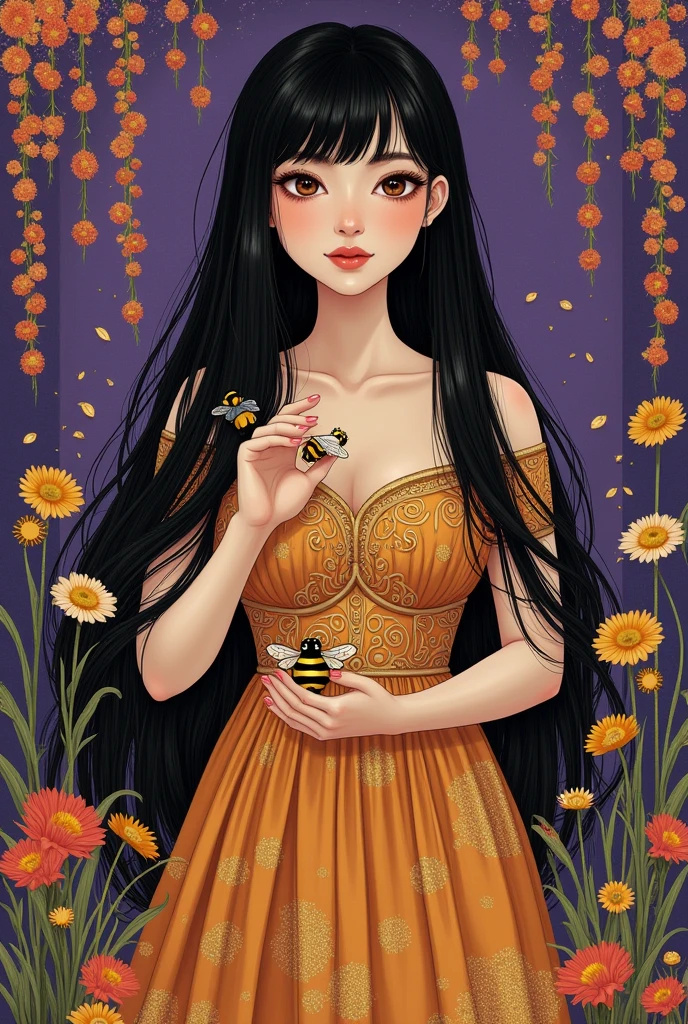 A girl with black long straight hair, face look aside, with full whole beautiful body from head to toe, long dress, hands holding a bee and a lady bug, purple background, flowers on background, in klimt style, golden details, 4k