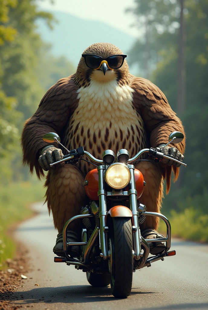 Very obese falcon with sunglasses and a fishing rod on a motorcycle