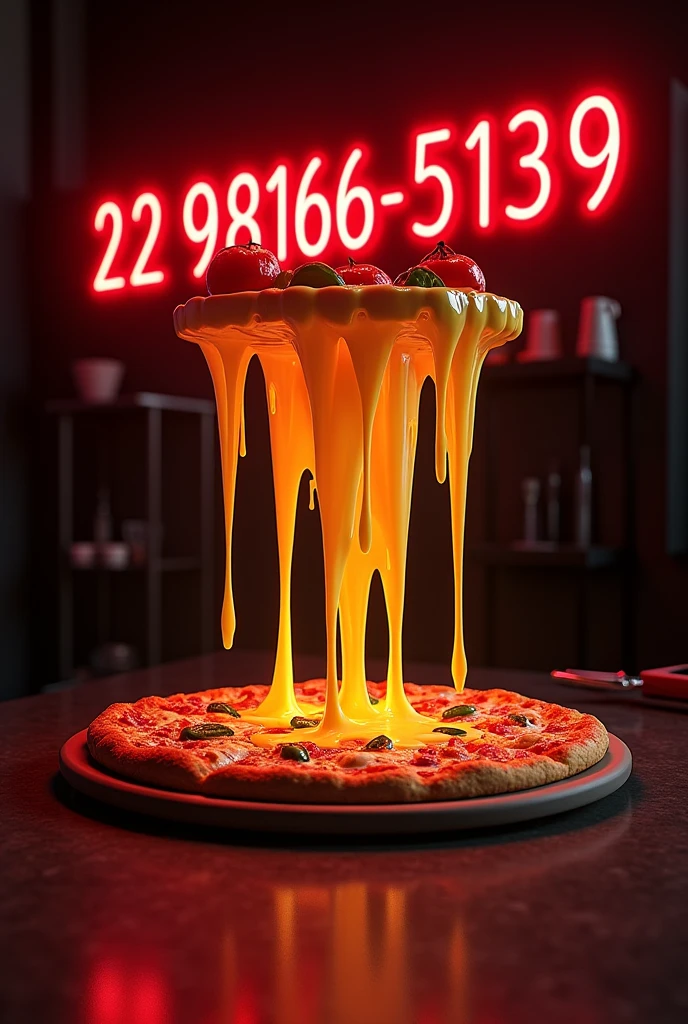 make an image of a pizzeria with the name Pizzaria Avalanches Delivery in red letters with a black background and images of pizza melting cheese and also with the telephone number 22 98168-5139 in red