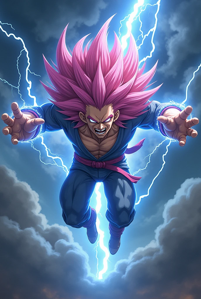 Create a male character with long pink anime hair throwing thunder into the sky while flying and looking at the screen in anger