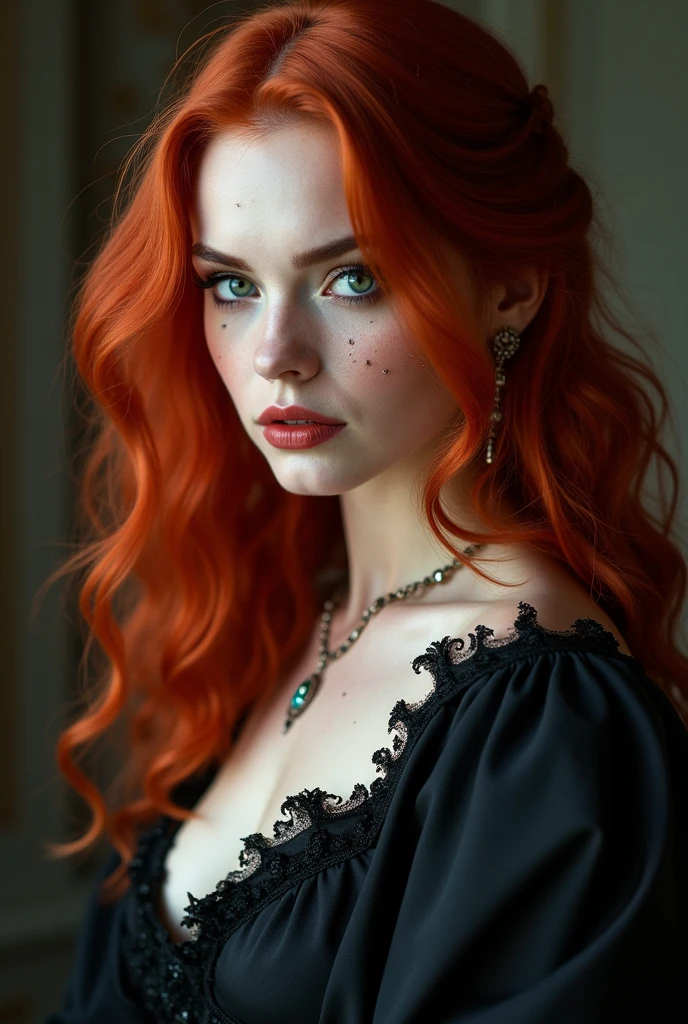 A very beautiful toreador vampire with extremely red hair, she has one blue eye and one green eye, she also has freckles, She has noble origins and is very fond of jewelry and always wears high heels., your high heel is elegant and chic, at the moment she is wearing modern 21st century clothes