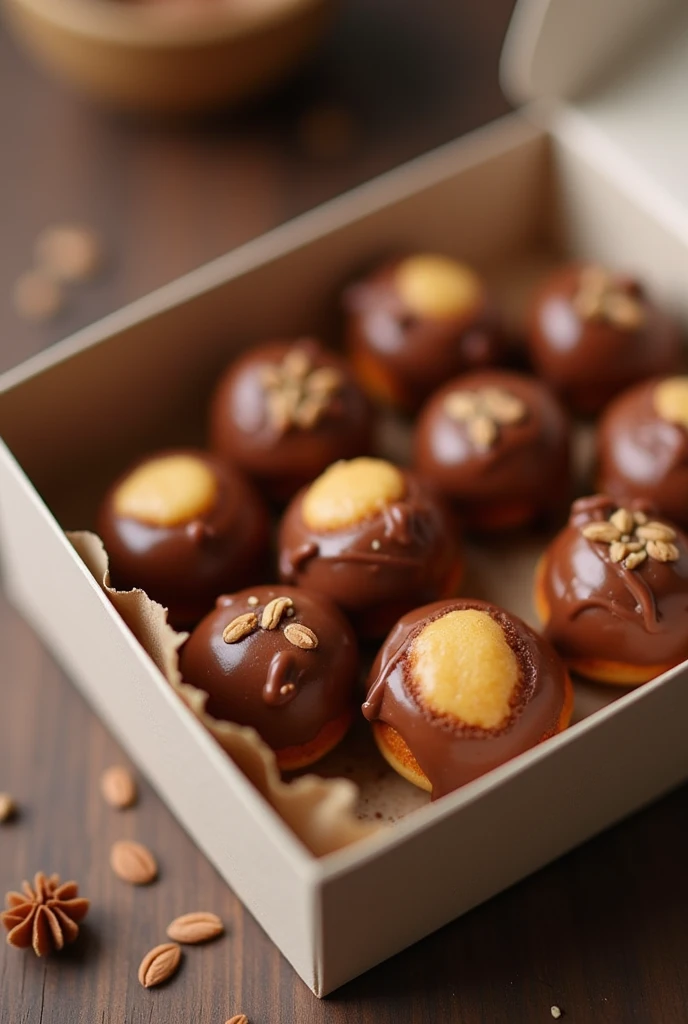 small mochi donut ball with melted chocolate topping , there is 5 in a box, the donut is ball shaped, the whole donut is drizzled and covered with melted chocolate