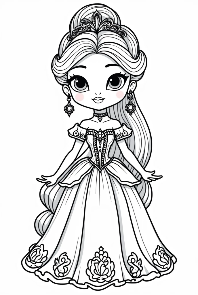 Stress-free coloring, page with image of modern princess , style cartoon, linhas grossas, uncolored, totally white background, only lines. Beautiful appearance.