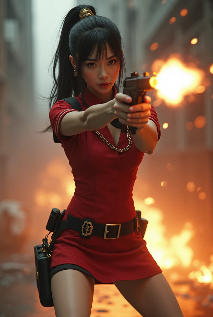 beautiful young chinese stewardess mini skirt realistic machine gun toting toting hip firing real person legs apart standing rampage shooting side target facing



