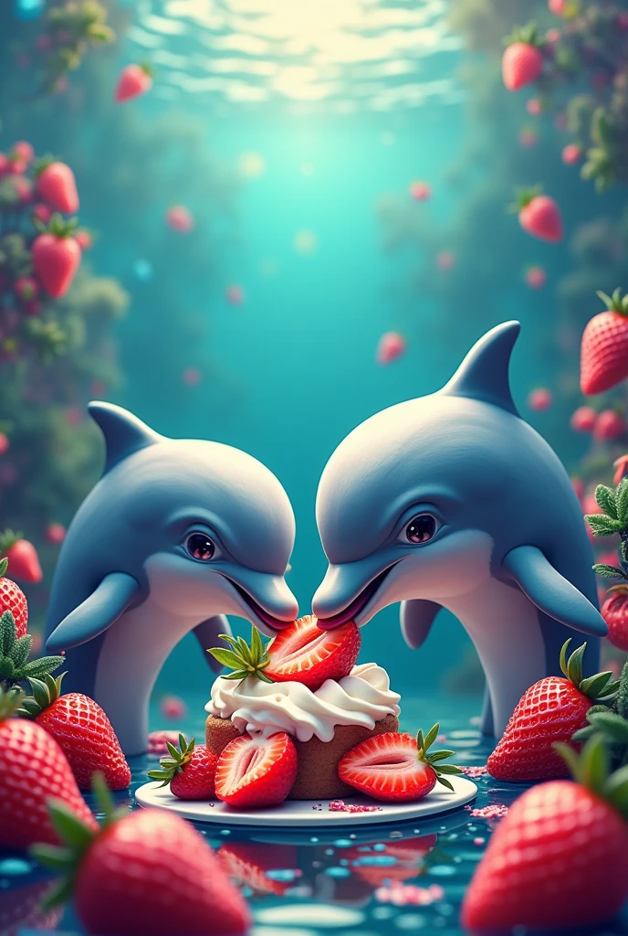Dolphins eating strawberries with cream and there are acoriris