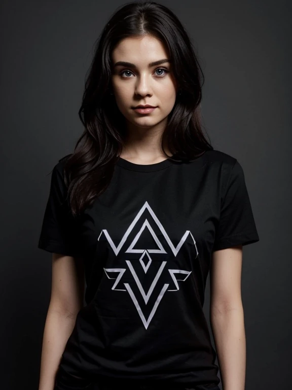 A strikingly stylish woman wearing custom designed tshirt, tshirt has rune design, elements of rune on tshirt