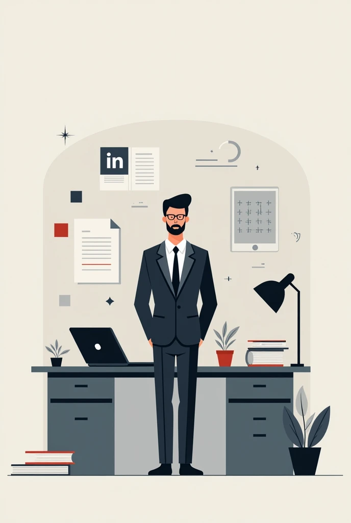Create a cover containing elements that remind you of administration, desk, headbands, LinkedIn goals 