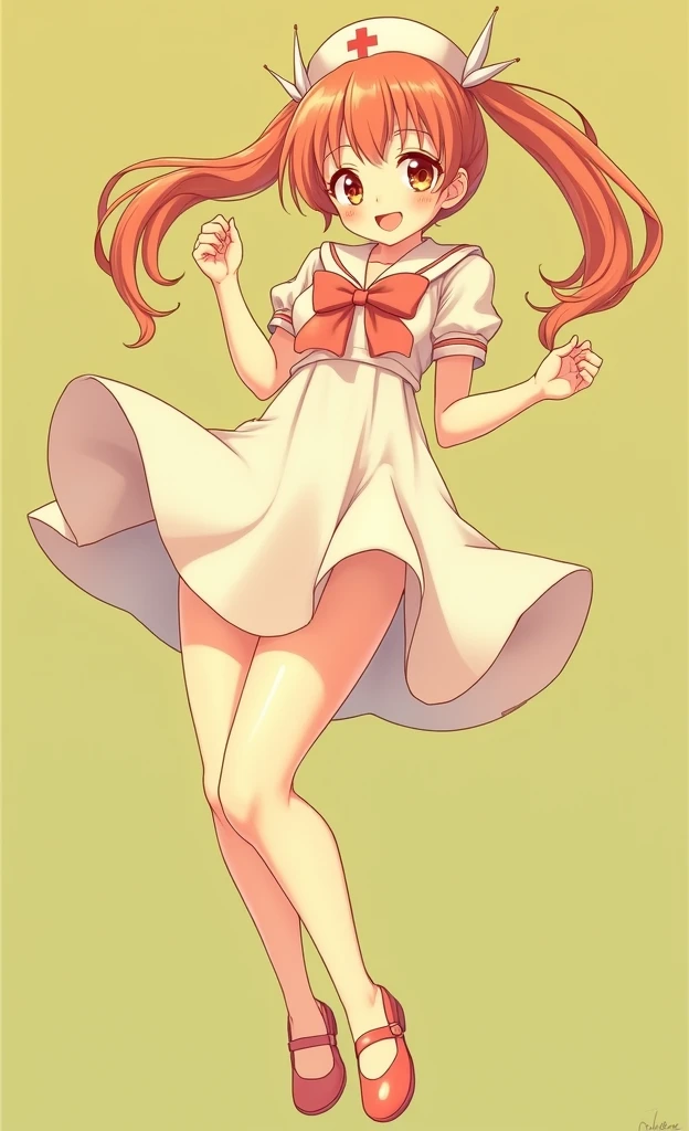 Sailor with a nurse's cap and a white dress, in dress, run, cute anime waifu with a nice dress., I will also make fanart., Arte Zerochan, madeline de celeste, retro anime girl, Misty de Pokemon, squid girl female pink humanoid, !!Whole body portrait!!, Whole body!, High quality fanart, in a shiny skirt