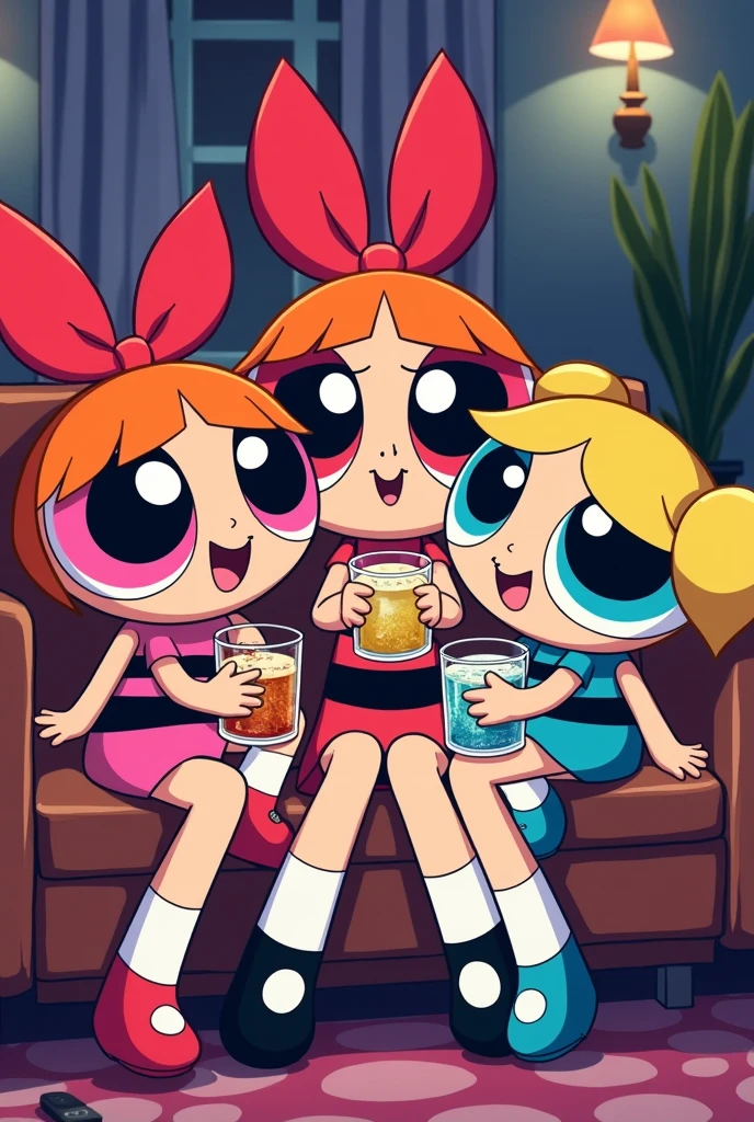 The Powerpuff Girls characters each with alcohol in their hands looking happy at each other 
