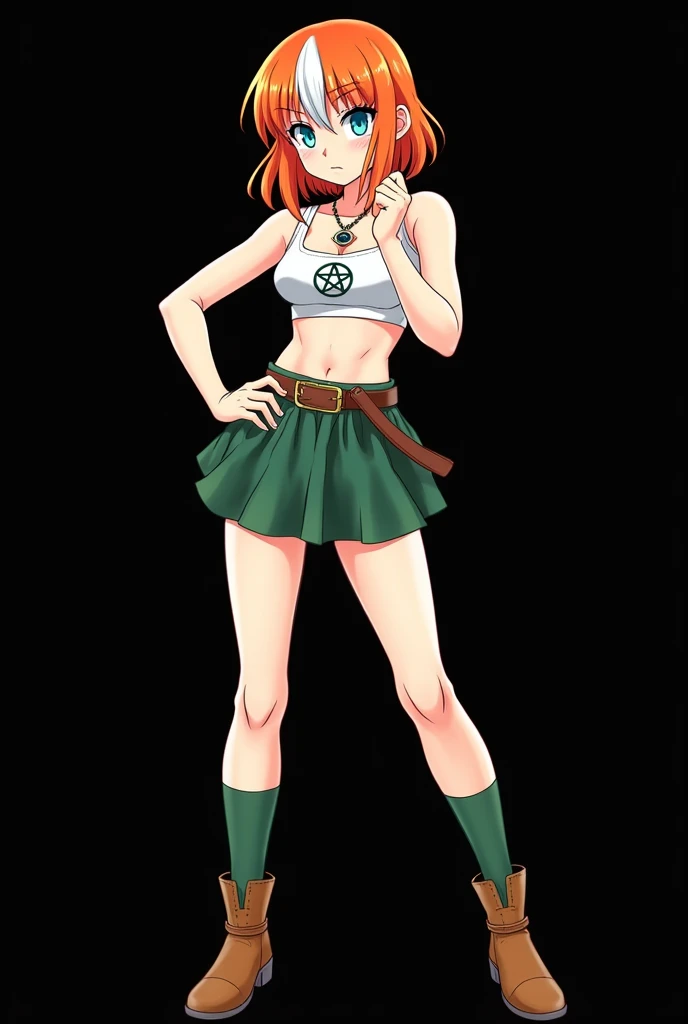 A full body image of an 1 girl named Hana Watanabe, personagem do anime "dragonball z", she is very beautiful, with medium length straight fire-colored hair with two white highlights in the front, framing your face. She has blue-green eyes and pale skin.. she is a Wiccan, she is in fighting pose. she wears a pentagram necklace, um croped, overskirt, ¾ socks and women's ankle boots. It is drawn with Akira Toryama's animation. black backdrop.