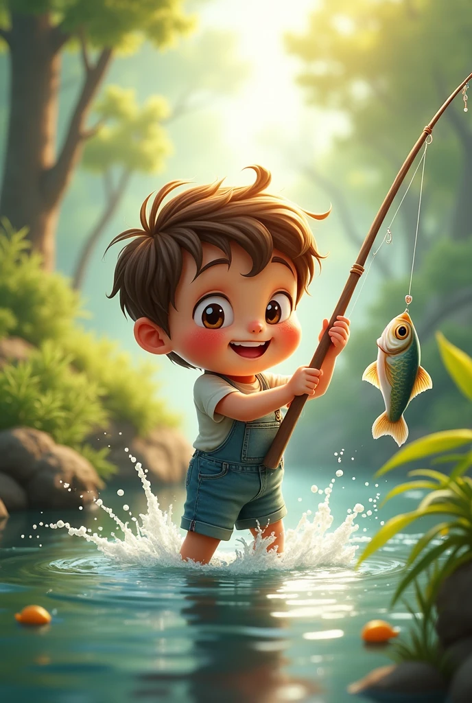 Cute boy catching fish
