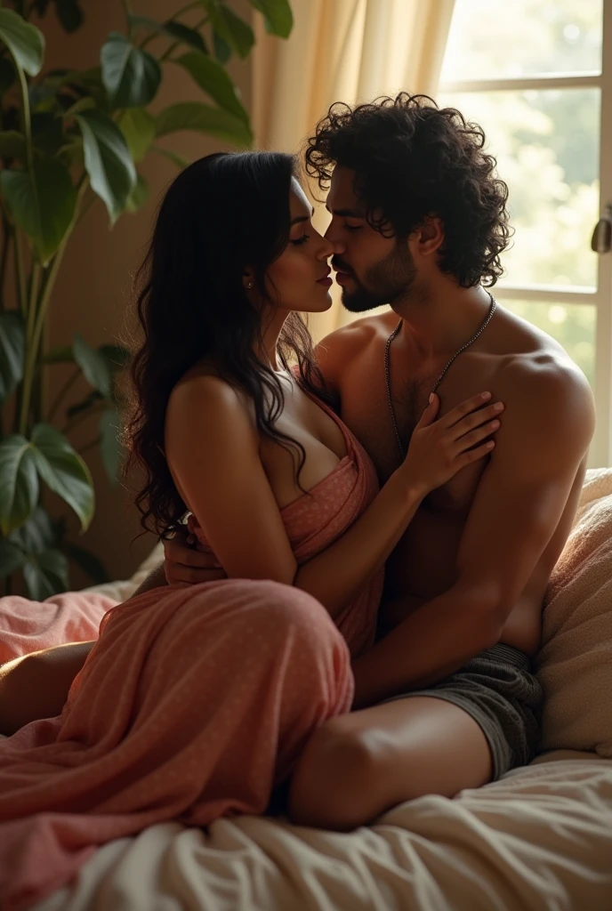 (photorealism:1.2), beautiful desi girl, sitting on bed, wearing loose off- Half saree, long curly hair, showing her breasts, indoors, soft lighting, plants in background, window with sunlight, cozy room, relaxed pose, realistic, a desi shirtless man smooching, hugging her