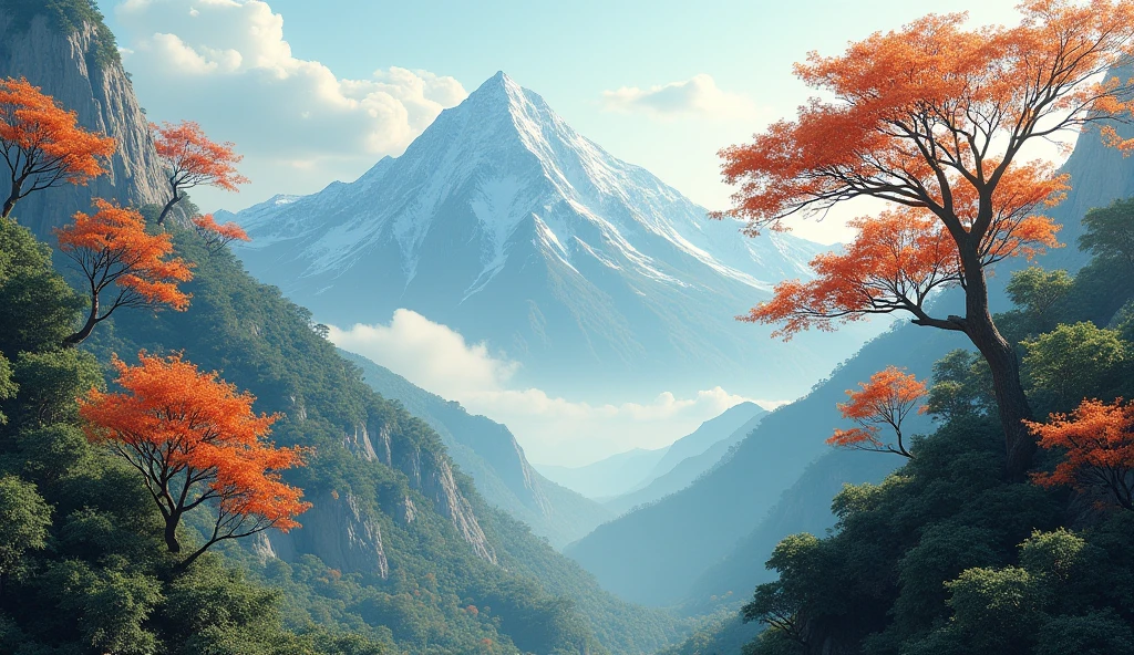 Front view,There is a mountain,There are many ash trees growing on the mountain.,The yew tree has fruits similar to persimmons.(best quality,4K,8k,High level,masterpiece:1.2),Ultra Detailed,(lifelike,Photo real,Photo real:1.37)