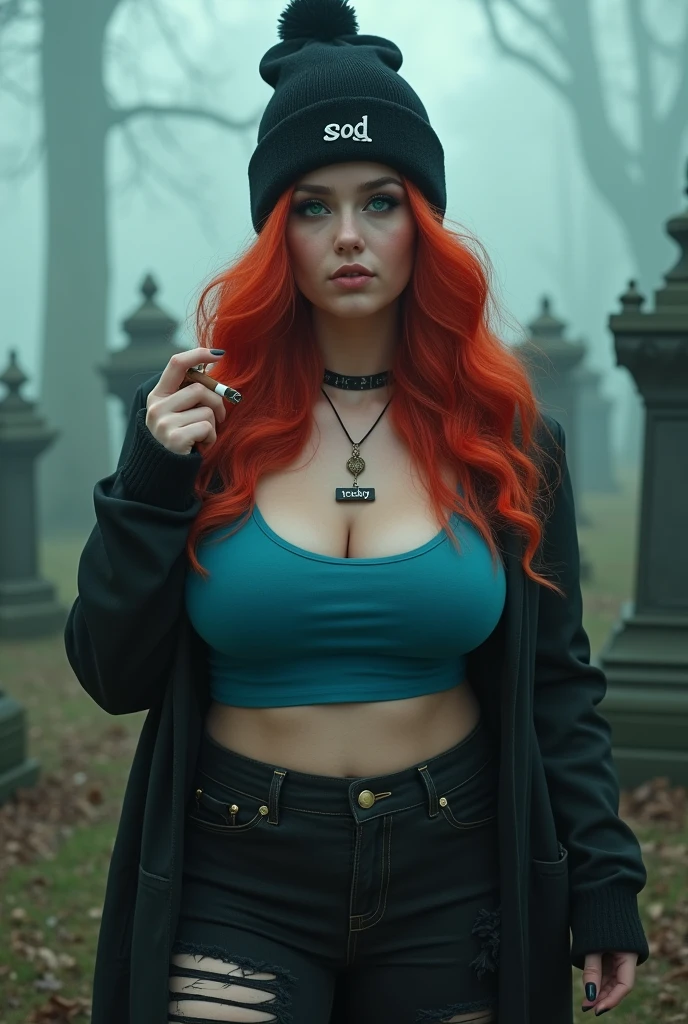 A Busty Witch with Pale Skin, Hazel Eyes, and Long Red Hair