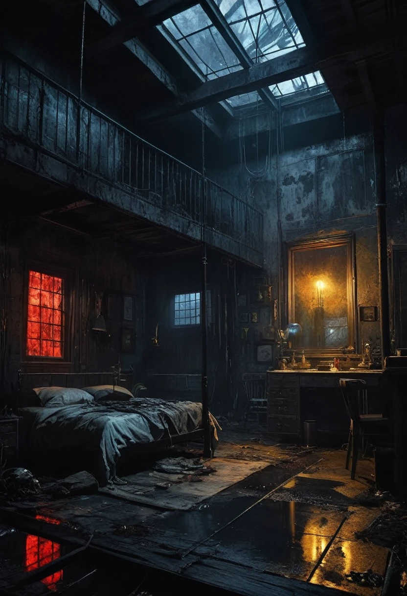 Dark Techno-Industrial. Cyberpunk. A disturbing and grotesque world in the style of Andrew Wyeth “Scary Stories Told in the Dark. Ultra HD, Realism, Vivid Colors, High Detail, Perfect Composition, Beautiful, James Jean, Patrick Woodroffe, Grimdark, Dark Reflections/