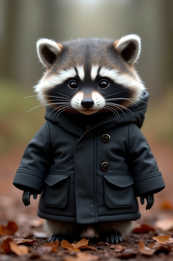 A cute baby raccoon in a black jacket
