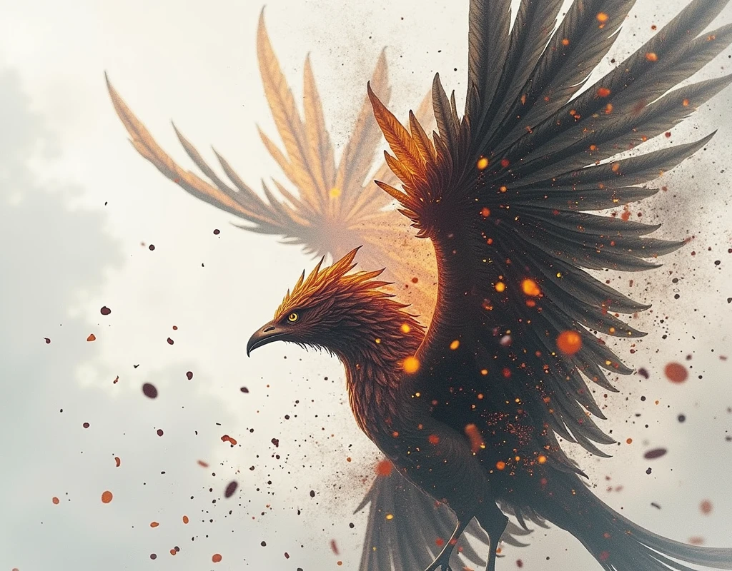 A majestic phoenix, mythical fire bird, soaring through the sky, wings ablaze, scattering embers, burning and flying, chaotic and sublime, photorealistic, 8k, hyper detailed, dramatic lighting, fiery holographic effects, vivid colors, dramatic pose, intricate feather textures, powerful and dynamic, digital painting, cinematic composition.