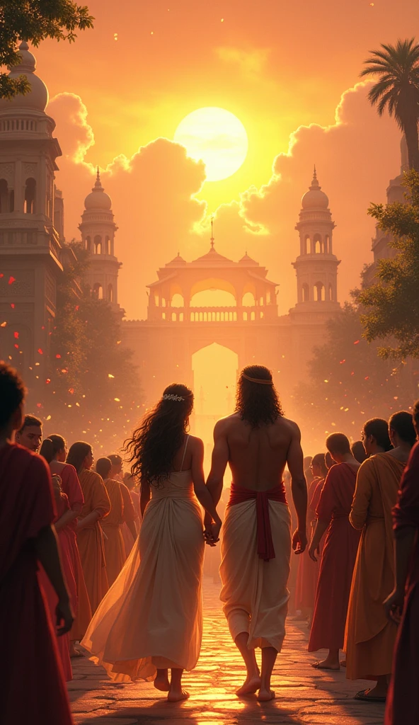 Return to the Kingdom:** Savitri and Satyavan, hand in hand, returning to their kingdom, greeted by their people with joy and admiration, as the sun sets behind them.