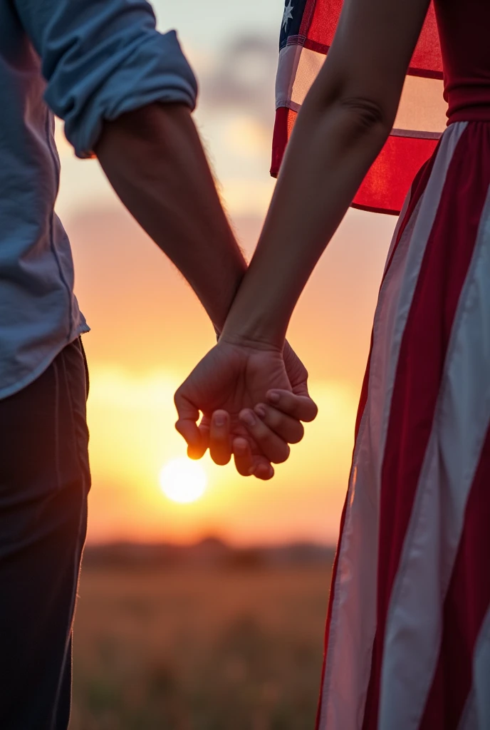 A man&#39;s hand and a woman&#39;s hand holding the American flag under a beautiful evening sun on a cool day 