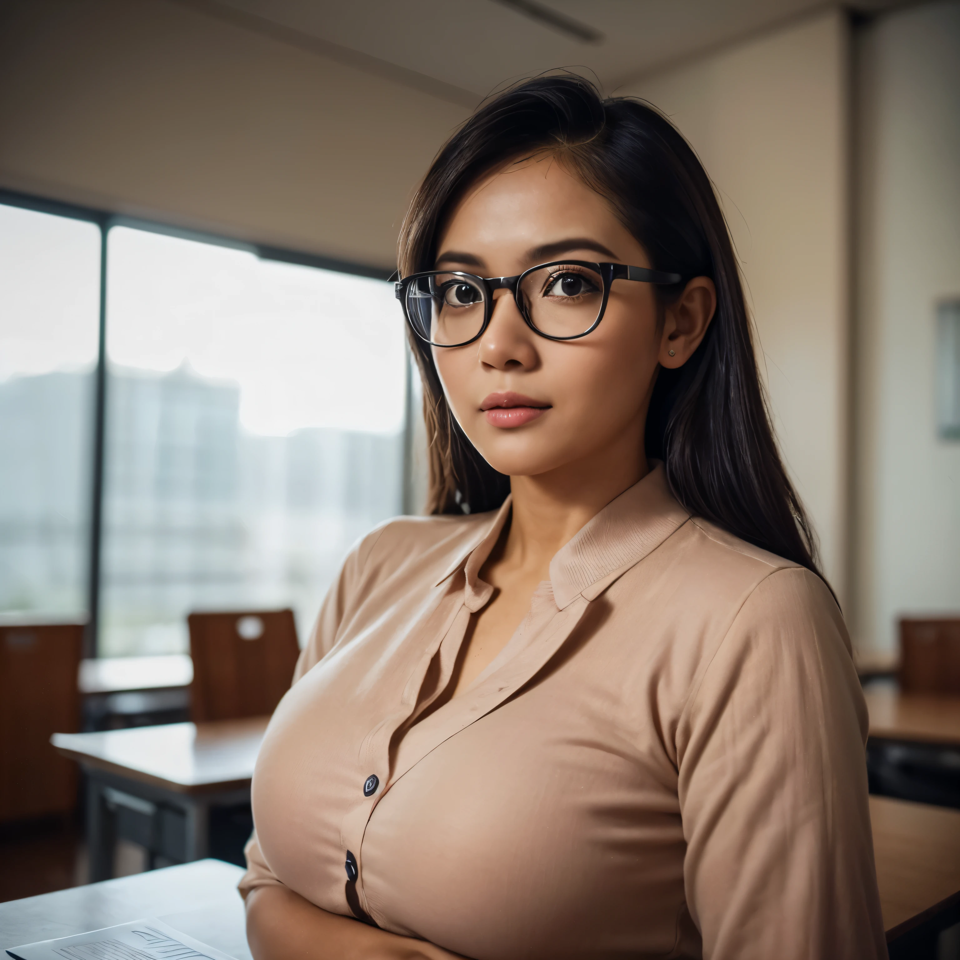 ((beautiful Nerd malaysia college Lecturer woman)), 4, Middle age woman, name mira filzah brown eye, wearing nerd eyewear,tudung muslim,modernbaju kurung look rich,, unbuttoned baju Kurung, calm,confident,happy,beautifull MILF Curvy body, White Skin Body,looking at viewer, sitting on desk in classroom, (photo, photorealistic:1.37), (ultrahigh-res), half body, walking pose, hyper detailed POV, by lee jeffries, nikon d850, film stock photograph ,4 kodak portra 400 ,camera f1.6 lens ,rich colors ,hyper realistic ,lifelike texture, dramatic lighting , cinestill 800, (huge breasts 1.3)