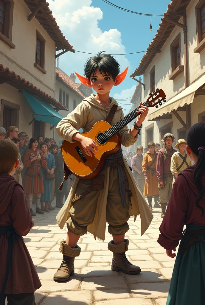 Create a bard, elfo, young adult, playing in a medieval square wearing simple adventurer clothes and all in the art of Tite Kubo.