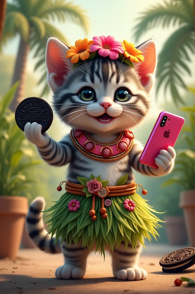Gray and white tabby kitten as a Tahitian dancer with a pink phone and eating an Oreo