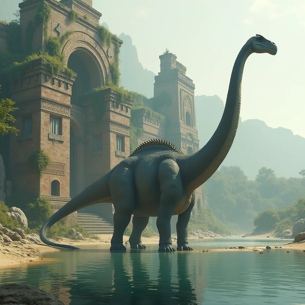 A sauropod wades in a lake beside a desolate ruin of vaguely Meso-American design.