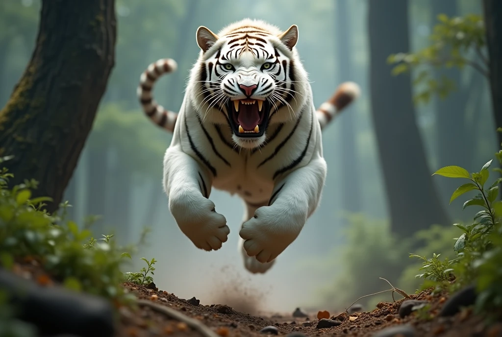Create a breathtaking, hyper-realistic, AI-generated artwork of a white tiger in its natural forest habitat. The tiger should be depicted leaping towards the camera, with its mouth open and teeth bared in an aggressive, attack-ready pose. The scene should capture the intense motion of the tiger mid-air, with a backdrop of dense, verdant forest, thick foliage, and towering trees.
Include details such as the tiger’s striking white fur, the sharpness of its teeth, and the fierce expression in its eyes. Use natural, earthy tones to depict the forest environment, highlighting the contrast between the tiger’s pale fur and the lush greenery.
The lighting should be dramatic yet natural, emphasizing the tiger’s powerful form and the dynamic movement as it leaps. The style should be hyper-realistic yet artistic, focusing on the white tiger’s explosive action and the wild beauty of its natural habitat. The final artwork should be high-resolution and visually striking, capturing the raw power and intensity of the white tiger in the heart of the forest.
