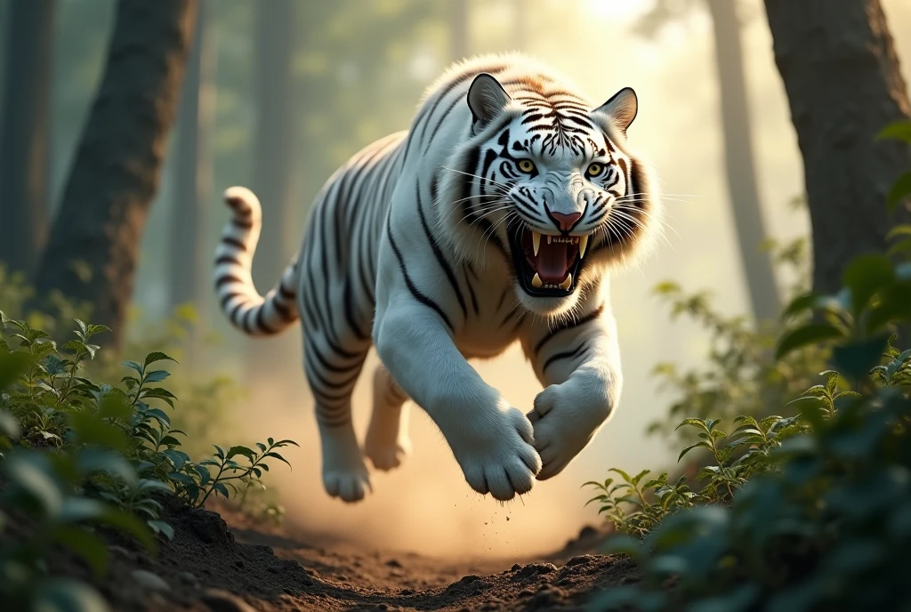 Create a breathtaking, hyper-realistic, AI-generated artwork of a white tiger in its natural forest habitat. The tiger should be depicted leaping towards the camera, with its mouth open and teeth bared in an aggressive, attack-ready pose. The scene should capture the intense motion of the tiger mid-air, with a backdrop of dense, verdant forest, thick foliage, and towering trees.
Include details such as the tiger’s striking white fur, the sharpness of its teeth, and the fierce expression in its eyes. Use natural, earthy tones to depict the forest environment, highlighting the contrast between the tiger’s pale fur and the lush greenery.
The lighting should be dramatic yet natural, emphasizing the tiger’s powerful form and the dynamic movement as it leaps. The style should be hyper-realistic yet artistic, focusing on the white tiger’s explosive action and the wild beauty of its natural habitat. The final artwork should be high-resolution and visually striking, capturing the raw power and intensity of the white tiger in the heart of the forest.