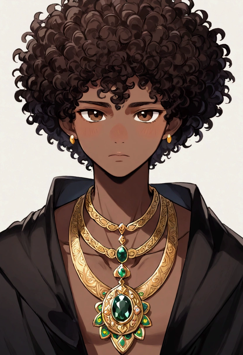 (Boy1),(Solo portrait of a boy),(short curly black curly hair in Afro Brazilian style),(dark brown skin color:1.5),(dark brown eyes),(height meter 1,80cm),(Average physical height of a 1 adolescent,(kAverage physical height of a 1 adolescent,(),(young body and youthful appearance),(oval-shaped face and thick flattened nose a little thin and big mouth more a little thin and cheeks a little thin more in normal size he makes an expression of hatred and disgust),(wearing),+,(an 8th century emperor's garment consisting of a stylish shiny black cape and a blouse made of fine noble wool with gold threads and black fabric with sinissa undertones and a black pair of pants with gold threads and made of cotton and black boots with gold accents and around the neck an oval necklace made of gold with a diamond gemstone in the center)