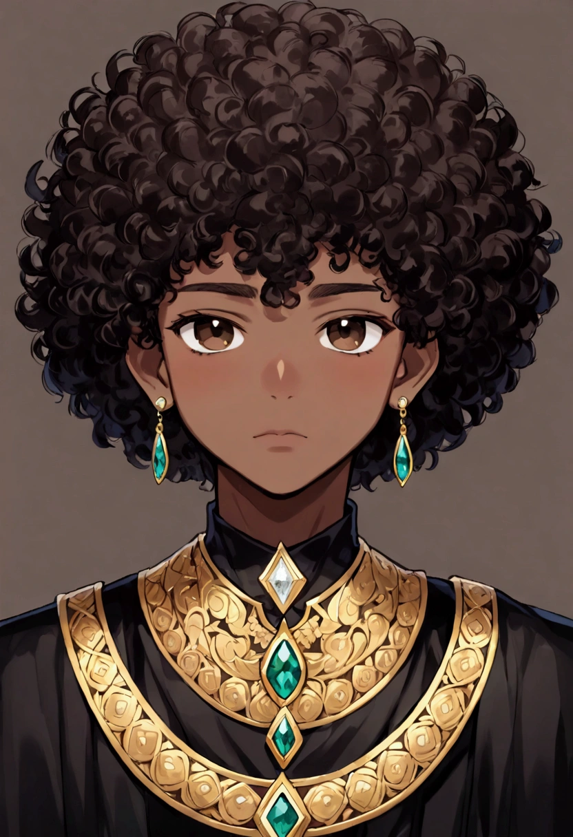 (Boy1),(Solo portrait of a boy),(short curly black curly hair in Afro Brazilian style),(dark brown skin color:1.5),(dark brown eyes),(height meter 1,80cm),(Average physical height of a 1 adolescent,(kAverage physical height of a 1 adolescent,(),(young body and youthful appearance),(oval-shaped face and thick flattened nose a little thin and big mouth more a little thin and cheeks a little thin more in normal size he makes an expression of hatred and disgust),(wearing),+,(an 8th century emperor's garment consisting of a stylish shiny black cape and a blouse made of fine noble wool with gold threads and black fabric with sinissa undertones and a black pair of pants with gold threads and made of cotton and black boots with gold accents and around the neck an oval necklace made of gold with a diamond gemstone in the center)