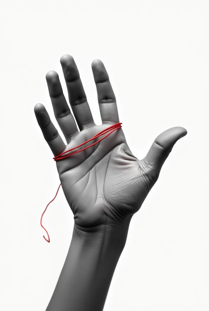 A hand with a thin red thread tied around the index finger, all in black and white except the thread