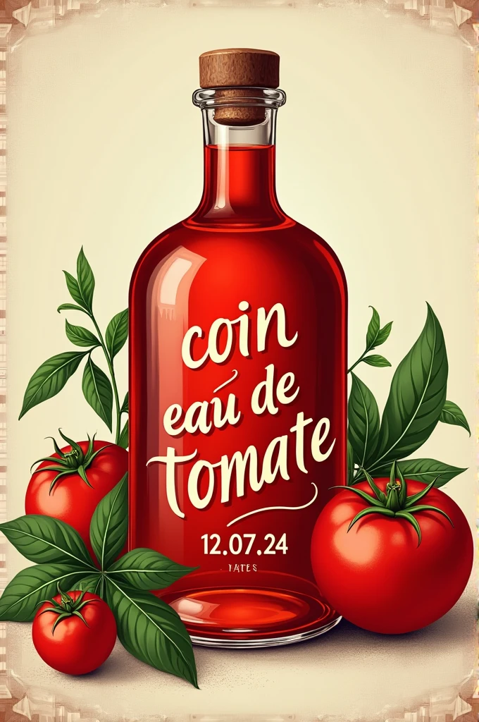 Image illustrations, vintage, d’une bouteille en Crystal, transparent rouge, inscrit sur le flacon « Coin Coin Lovers » et « Eau de Tomate » et « 12.07.24 » en arrière plan des tomates et du basilic.