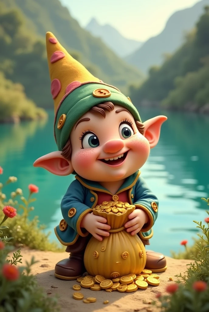 make a gnome who found a bag of gold in a semi cartoonish resov