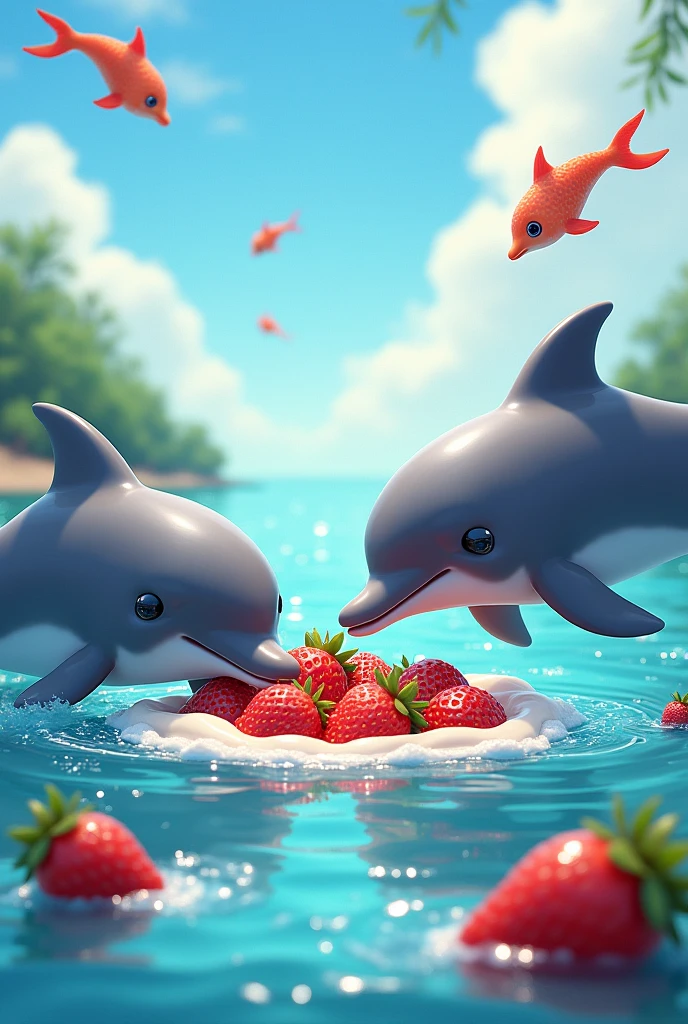 Dolphins eating strawberries with cream and there are acoriris but jumping on the water