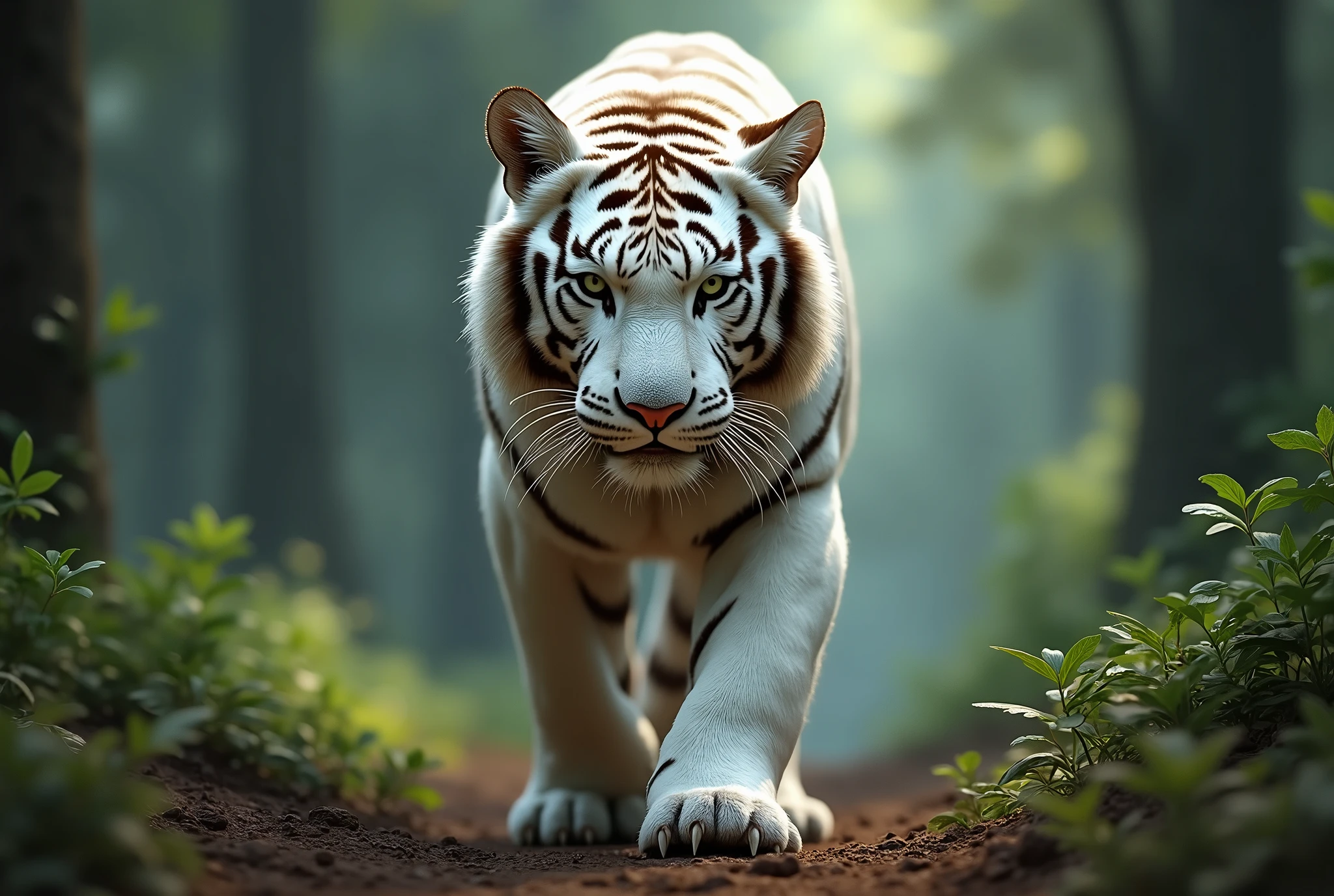 Create a breathtaking, hyper-realistic, AI-generated artwork of a white tiger in its natural forest habitat. The tiger should be depicted facing the camera, with a fierce and intense expression, ready to attack. The scene should capture the dense, verdant forest with a backdrop of thick foliage, towering trees, and dappled sunlight filtering through the canopy.
Include details such as the tiger’s striking white fur, its sharp eyes locked onto the viewer, and the subtle textures of the forest floor. Use natural, earthy tones to depict the forest environment, highlighting the contrast between the tiger’s pale fur and the lush greenery.
The lighting should be dramatic yet natural, with soft shadows enhancing the tiger’s powerful form and the surrounding forest. The style should be hyper-realistic yet artistic, focusing on the white tiger’s commanding presence and the wild beauty of its natural habitat. The final artwork should be high-resolution and visually impactful, capturing the intensity and majesty of the white tiger in the heart of the forest.