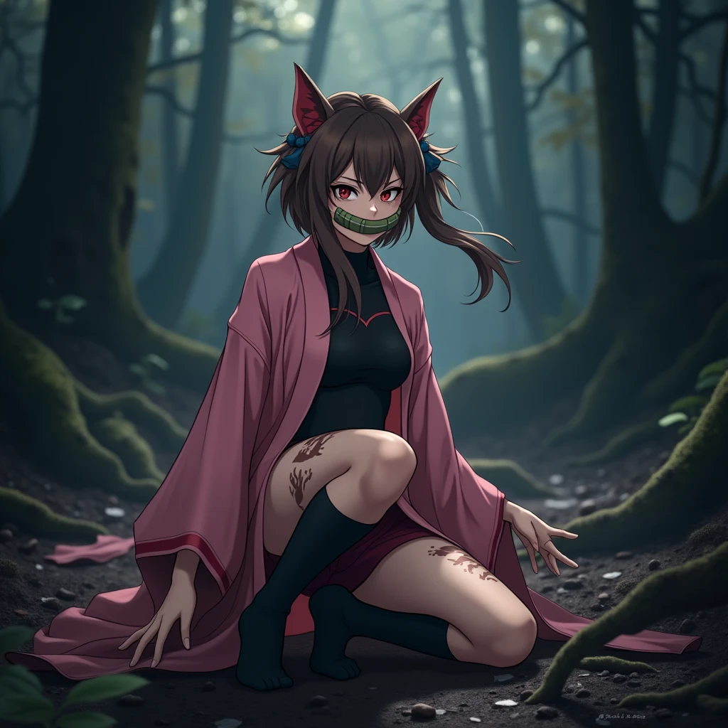 **Pose: Demon Charm**
**Model**: AmyGreene, Instagram female model, light brown hair, tan skin, athletic build.
**Position**: Amy is posing with a playful yet fierce expression, capturing the essence of Nezuko’s character. She’s slightly crouched with one leg extended forward, arms elegantly positioned as if ready to pounce. Her head is tilted slightly, with her eyes gazing intensely at the camera, conveying a mix of innocence and power. Her hair is styled long and flowing, resembling Nezuko's iconic look.
**Clothing**: A sexy slutty reinterpretation of Nezuko’s outfit, featuring a modified pink kimono with shorter sleeves and a higher hemline, paired with a black bodysuit that enhances her athletic build. She’s wearing Nezuko’s signature bamboo muzzle around her neck and thigh-high socks with the distinct red and white pattern, adding to the cosplay authenticity.
**BG**: The background is a wooded area with dim, moody lighting, resembling the eerie forests from the anime. A soft mist hovers near the ground, adding a mysterious and fantasy-like atmosphere to the shoot. The lighting is a mix of soft natural light and subtle artificial highlights, enhancing the cosplay’s dramatic effect.
**Photo Info**:
- **Camera**: Canon EOS 5D Mark IV
- **Lens**: Canon EF 85mm f/1.4L IS USM
- **Aperture**: f/2.0 to create a sharp focus on Amy while softly blurring the forest background
- **Shutter Speed**: 1/250 sec to capture the pose with clarity
- **ISO**: 320 to balance the low-light forest setting with a hint of artificial enhancement