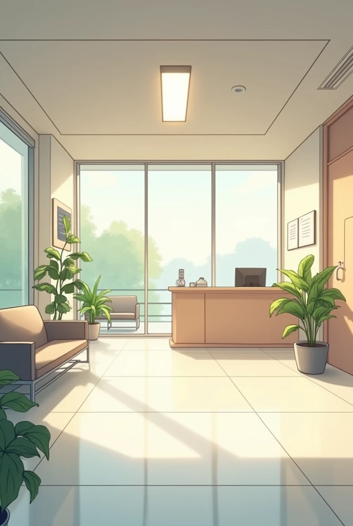 Anime style art of a hospital reception, without people 