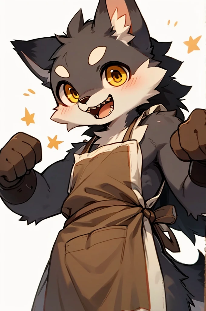 close-up, upper body POV, bust, furry, anthro, kemono, male werewolf, fluffy wolf ears, fluffy wolf tail, ((dark grey and white fur)), messy fur, cute yellow eyes, sharp teeth, mini body, handsome, cute, short, really short, stubby arms and legs, chibi, ((wearing a brown colored leather blacksmith apron)), jumping happily ((best quality, 4K, UHD, masterpiece, SFW)), alone, smiling cutely, plain white background,