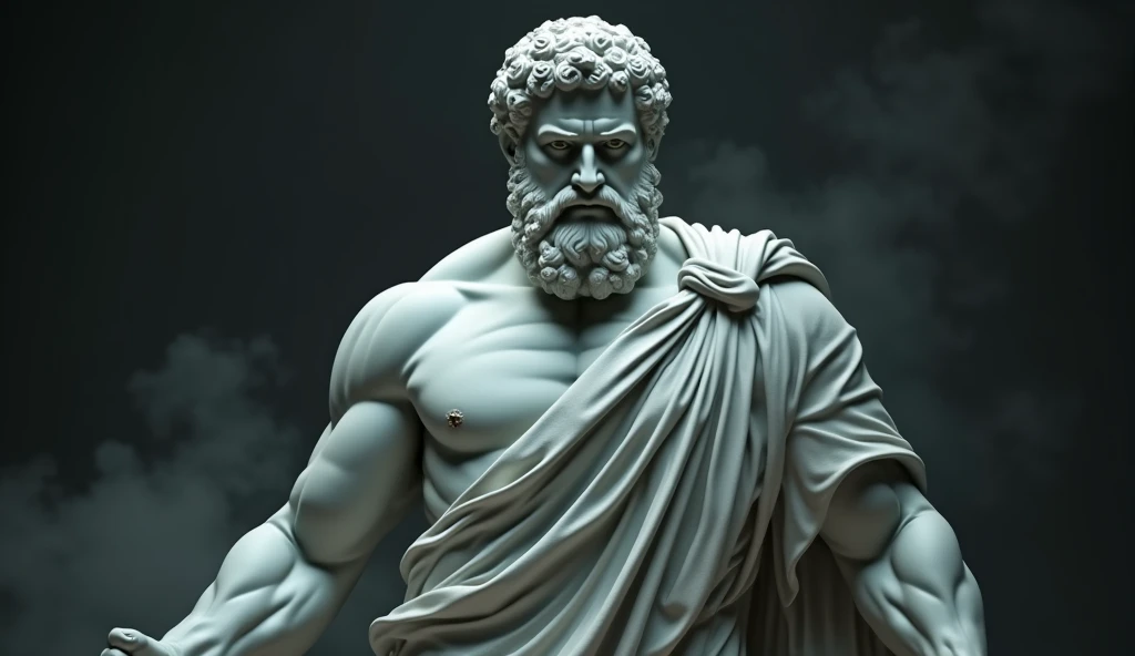 A realistic Greek white marble statue of Aristotle, brawny, brave and scary, detailed wearing a ghostly toga, neutral background, temperamental, , photorrealistic, Horror Movie Dinner, super detailed, hyper realist, darkness background,, serious face, powerful background, dark surroundings, smart