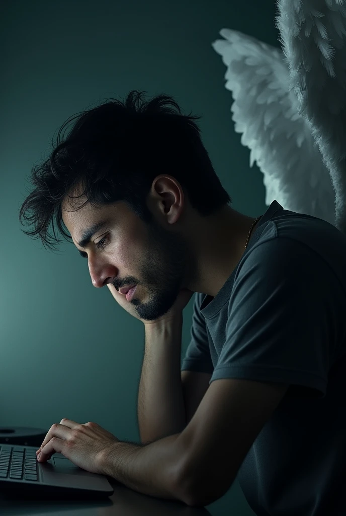 Crying man with angel wing playing on computer