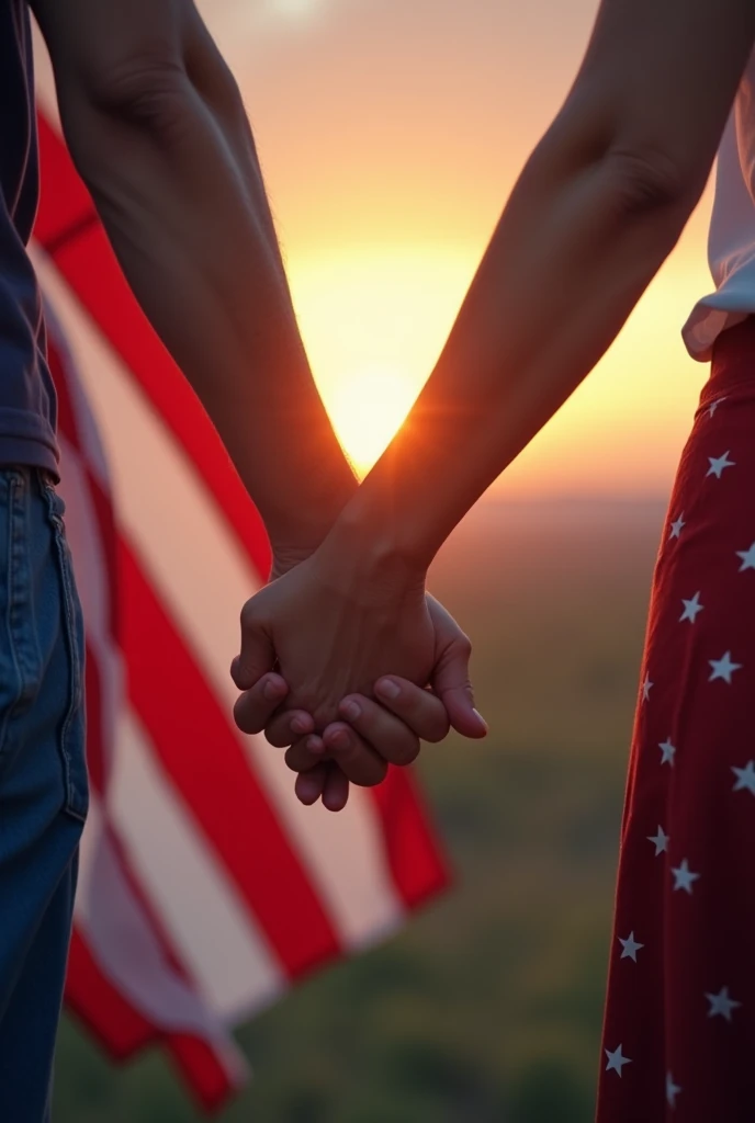A man&#39;s hand and a woman&#39;s hand holding the American flag under a beautiful evening sun on a cool day 