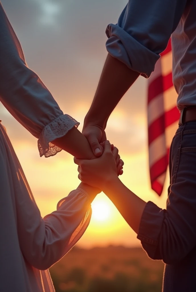 A man's hand and a woman's hand holding the American flag under a beautiful evening sun on a cool day
