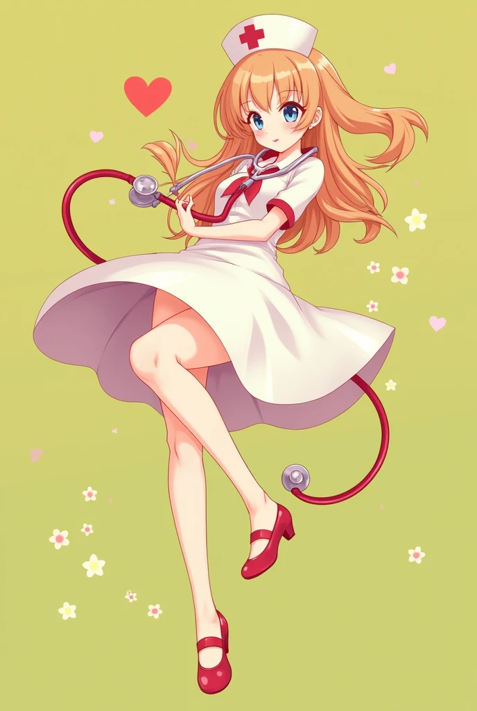 adult sailor, with a stethoscope, with a nurse&#39;s cap and a white dress,  in dress, run, cute anime waifu with a nice dress., I will also make fanart., Arte Zerochan, madeline de celeste, retro anime girl, Misty de Pokemon, squid girl female pink humanoid, !!Whole body portrait!!, Whole body!, High quality fanart, in a shiny skirt