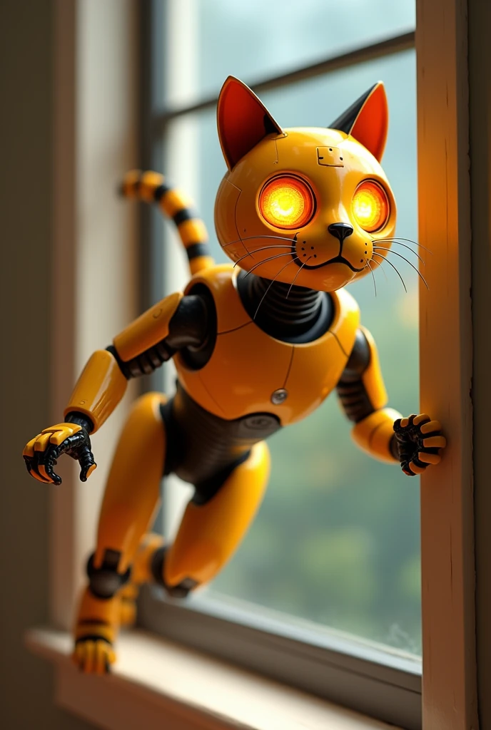 side view of a 3d pixar animation style of a yellow robot cat with black stripes on its back with robotic fier in its eyes expression on its face, jumping out from a window