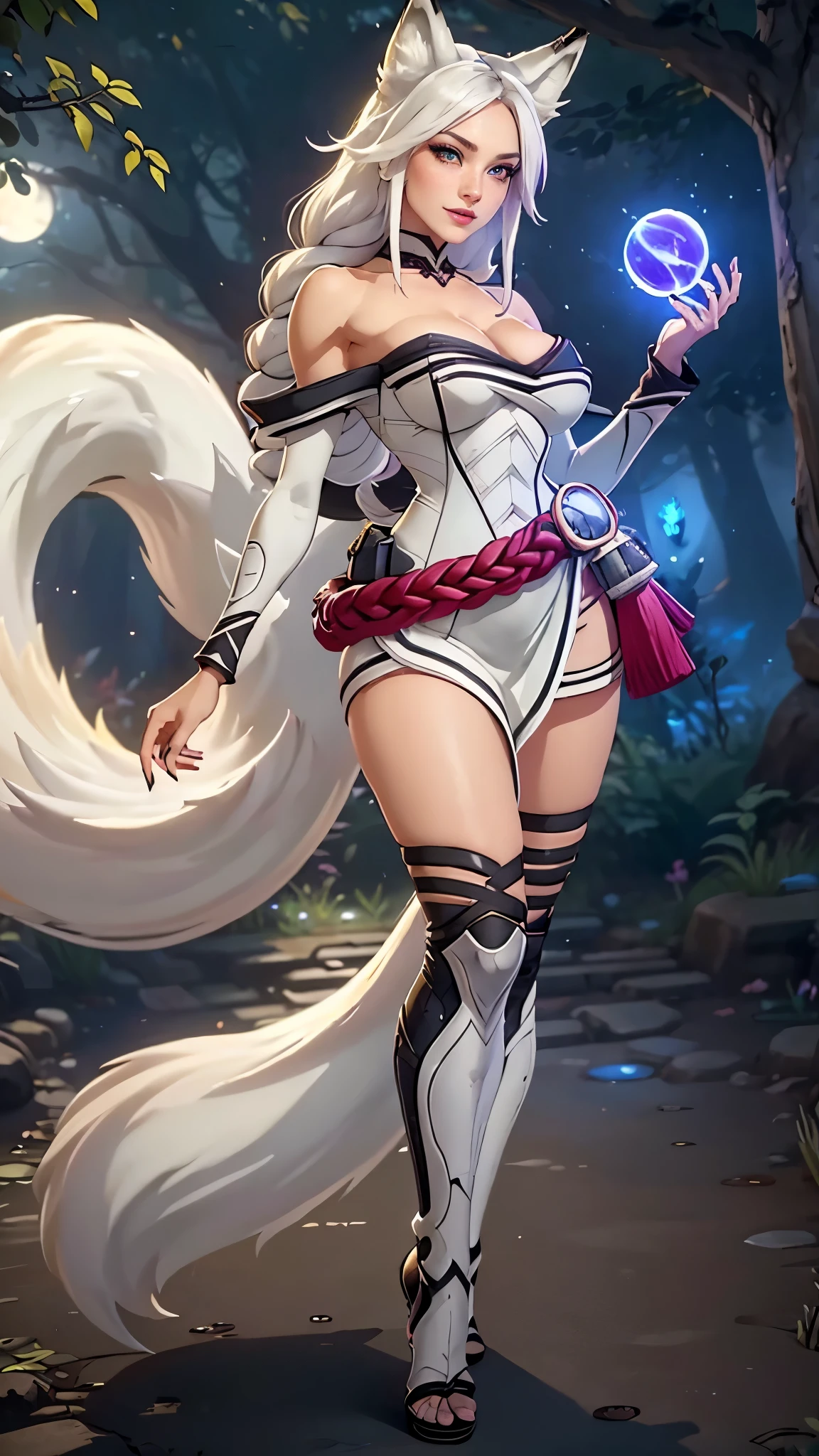 Ahri da league of legends,(best qualityer,4K,8k,high resolution, work of art:1.2)(weather: moonlight), Japanese female, dancing, spirit forest pond background, red and white long sleeve korean kimono dress, cleavage, spirit sphere, cute makeup, thigh high boots, belt, white hair, long braided hair, fox ears, wet body, multiple fox tails, ultra detailed, realistic, portrait, beautiful detailed green eyes, freckles, beautiful detailed lips, extremely detailed eye and face, beautiful girl, long eyelashes, sexly, average, large breasts, beaming smile, stunning curves, bright coloured, dramatic lighting,