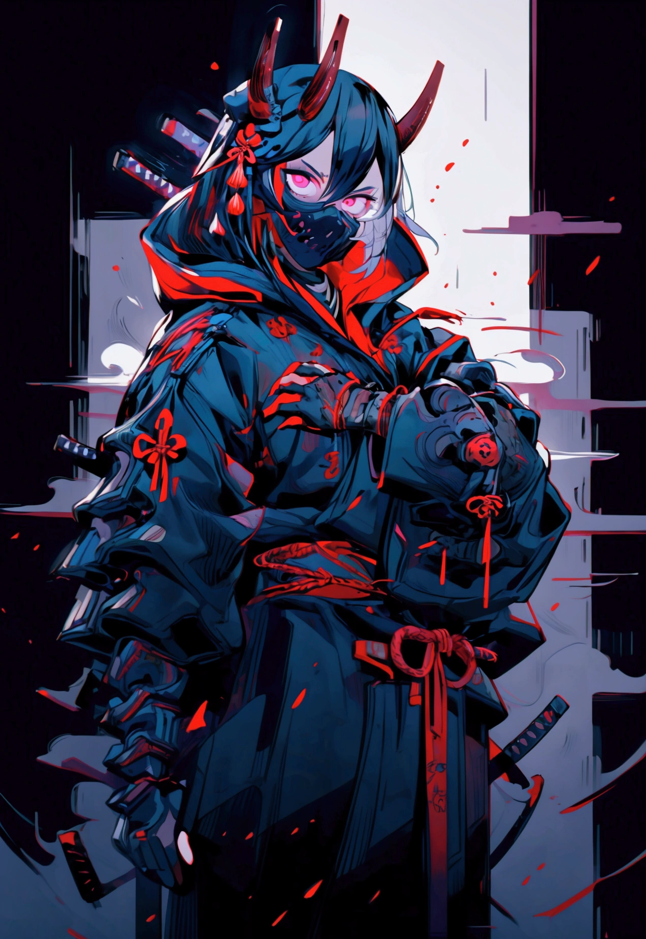 best quality, 4k, high resolution, masterpiece: 1.2, ultra detail, realism: 1.37, dark art, portraits, eerie atmosphere, mysterious lighting, terrifying presence, menacing armor, dark expression, sinister eyes, two twisted horns, sharp sword, ominous cloak, dark Akatsuki clouds, haunting shadows, intense battle scene, dramatic composition, simple Hannya Oni mask, man, brutal man, male ninja assassin, cyberpunk mask, fully hooded, no ears, armor on chest and arms, inverted cross , ((very dark eyes)), ninja striking pose