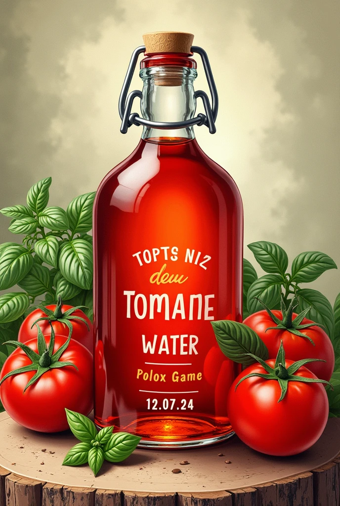 Image illustrations, vintage, d’une bouteille en Crystal, transparent rouge, inscrit sur le flacon « Coin Coin Lovers » et « Eau de Tomate » et « 12.07.24 » en arrière plan des tomates et du basilic.