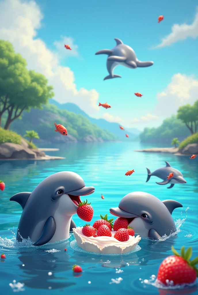 Dolphins eating strawberries with cream and there are acoriris but jumping on the water