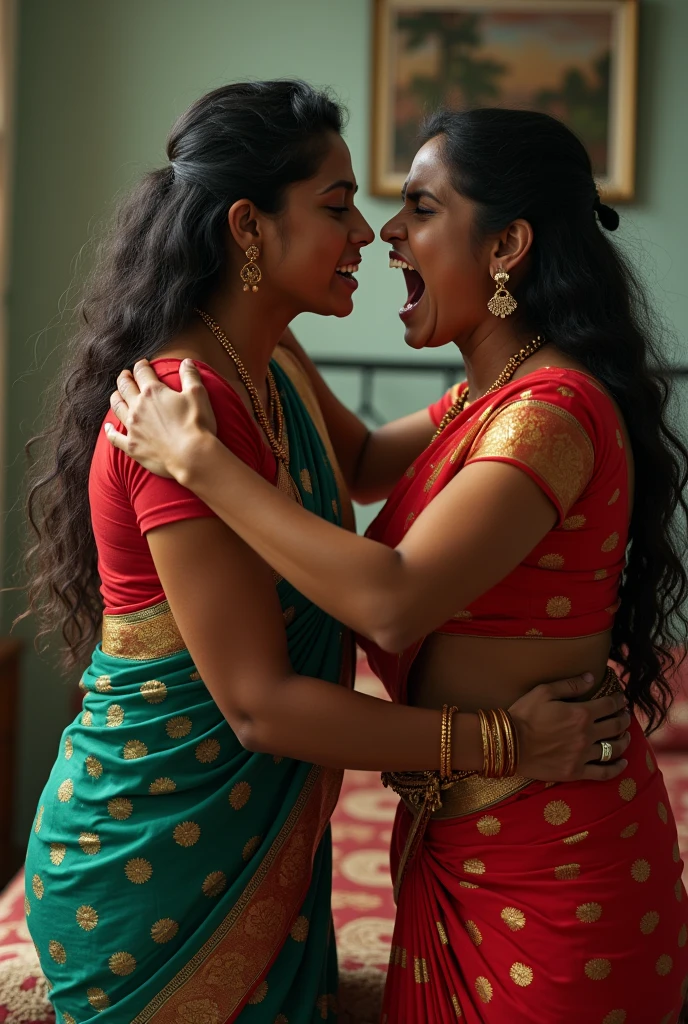 First wife in kerala set saree and second wife  in kerala set saree fight each other with hair pulling in bedroom
